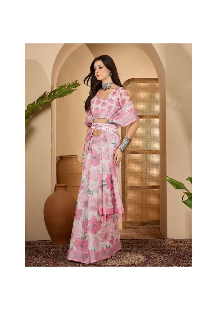 Malishka Export Pink Linen Cotton Digital Print Saree for Women - Image 3